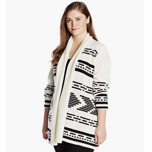 BB Dakota Plus-Size Blue Patterend Striped Wool Blend Open Cardigan Sweater